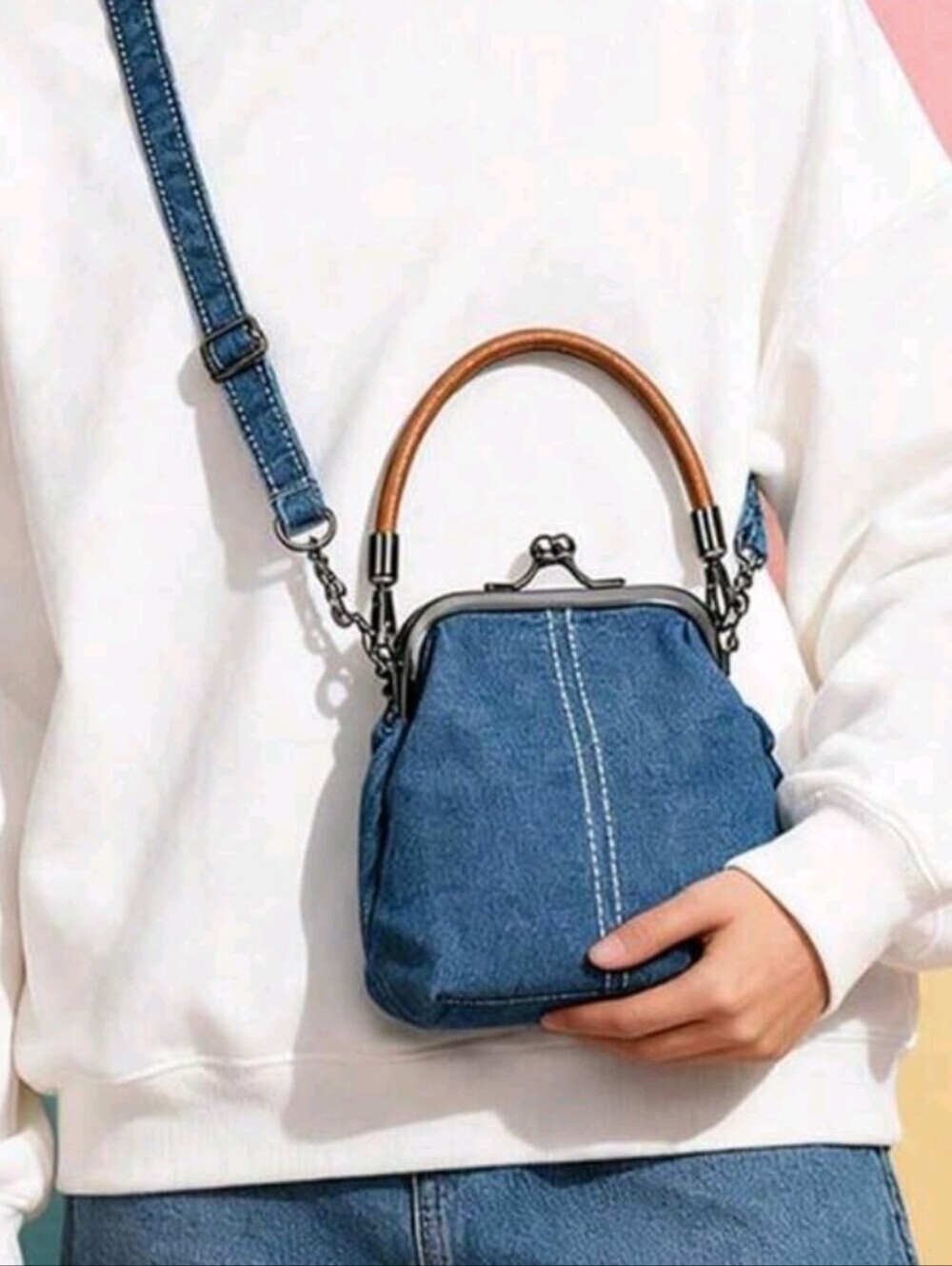 Denim Crossbody Bag with Wooden Handle - Blue